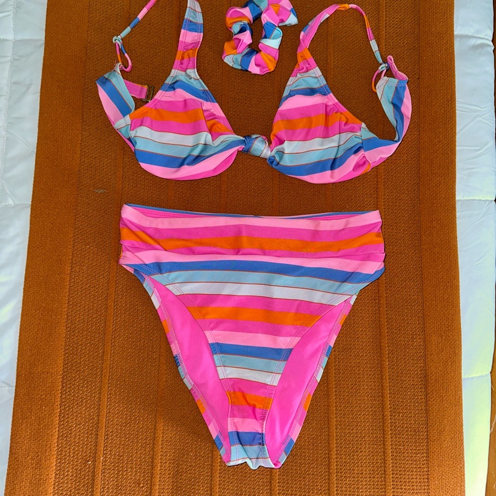 Colorful Striped Bikini Set with Scrunchie